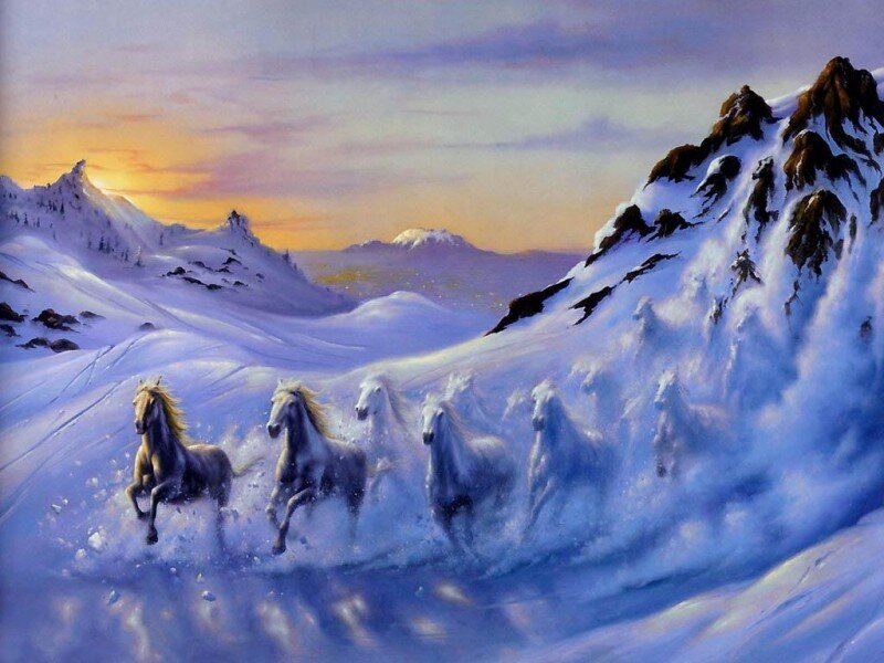 White Horses Running — Blue, Dramatic, Winter
