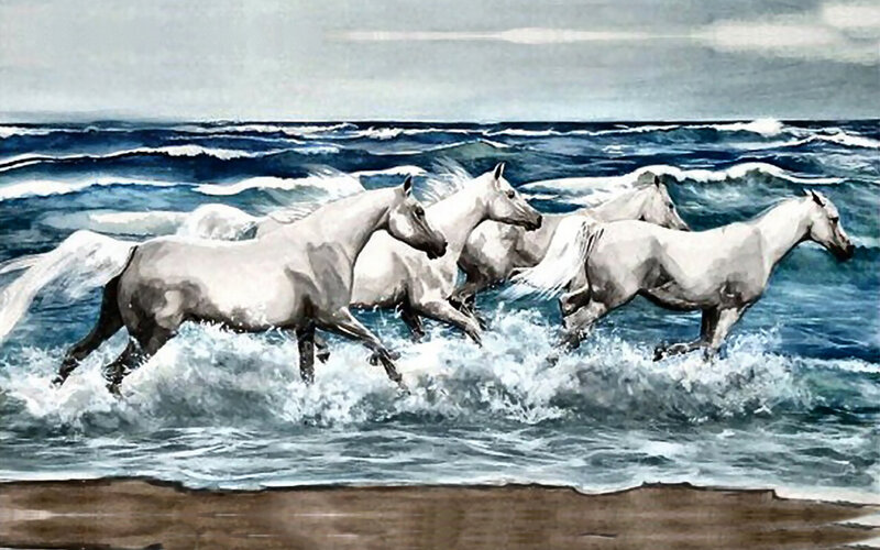 White Horses Running — Blue, Dynamic, Painting