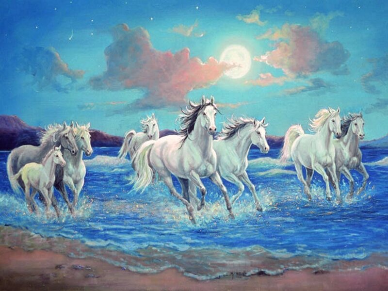 White Horses Running — Blue, Serene, Night