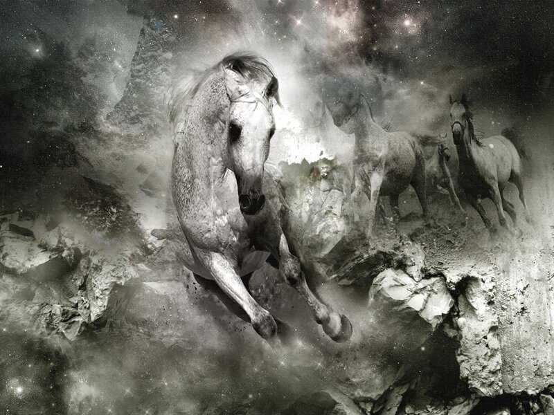 White Horses Running — Gray, Dramatic, Night, Digital Art