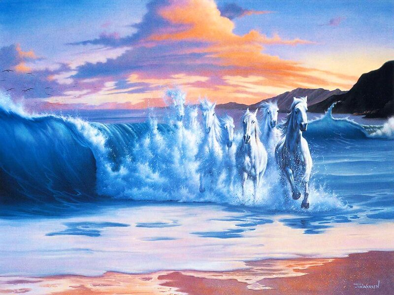 White Horses Running in Ocean — Blue, Dramatic, Sunset