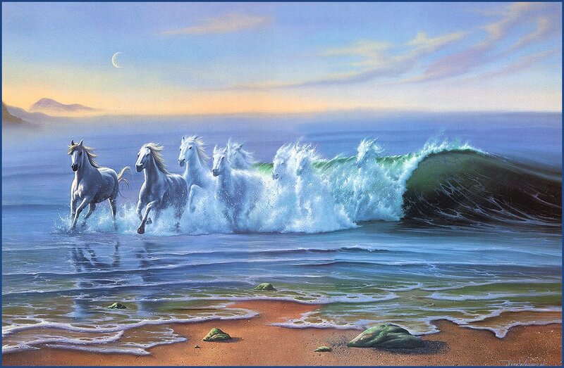 White Horses Running in Ocean — Blue, Dramatic