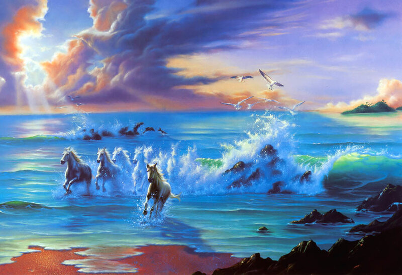 White Horses Running in Ocean — Blue