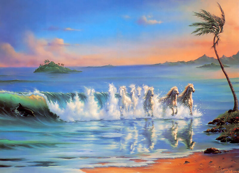 White Horses Running in Ocean
