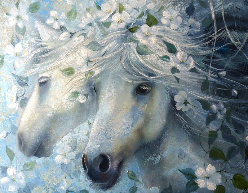 White Horses with Flowers