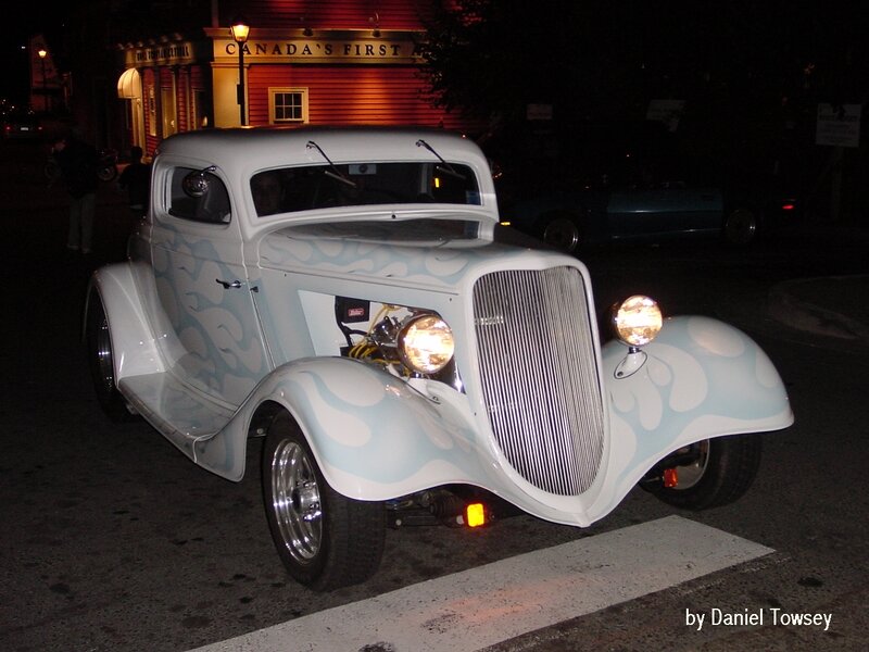 white hot rod with flame design