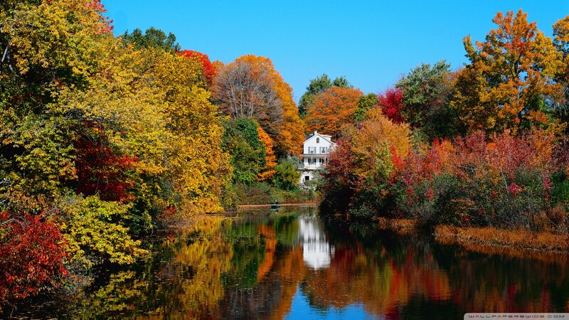 White House by Lake — Blue, Serene, Autumn