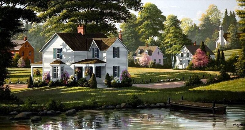White House by Lake — Green, Serene, Afternoon, Painting