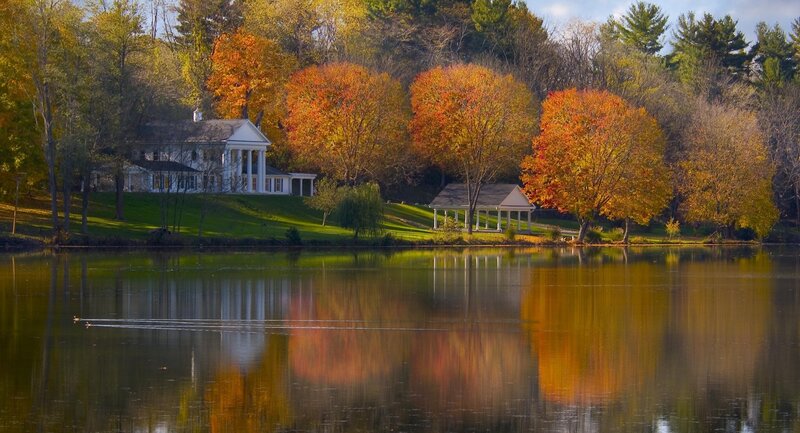 White House by Lake — Green, Serene, Autumn, Photograph