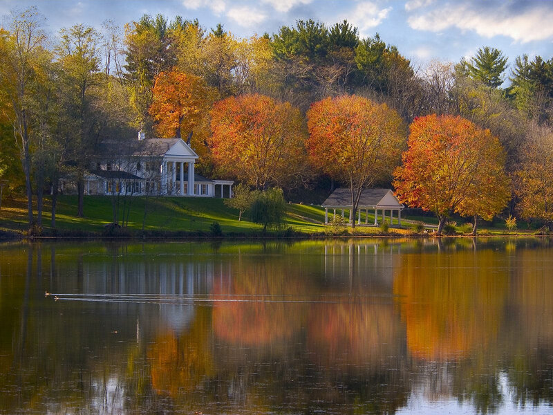 White House by Lake — Green, Serene, Autumn