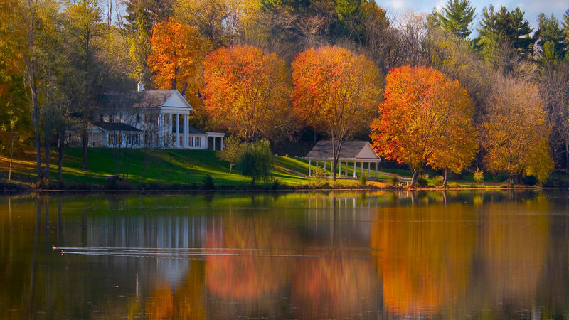 White House by Lake — Orange, Serene, Autumn