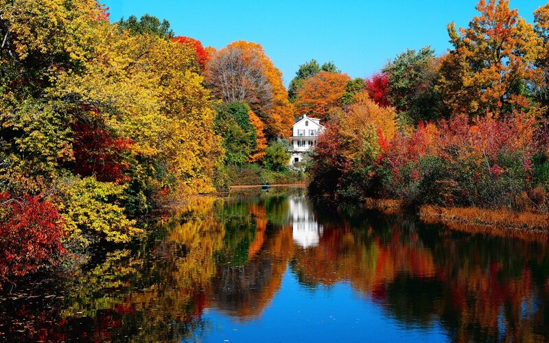 White House by River — Blue, Serene, Autumn