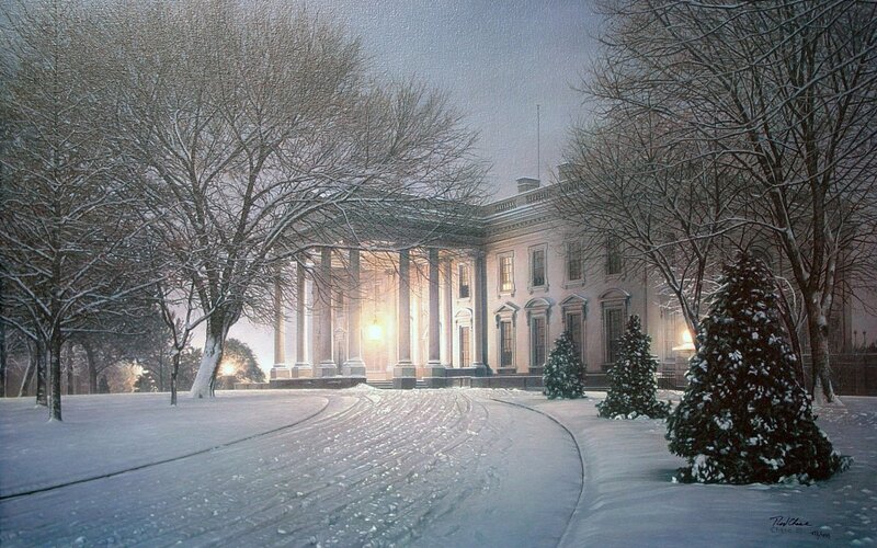 White House in Snow — Serene, Winter, Painting, Trees, Buildings