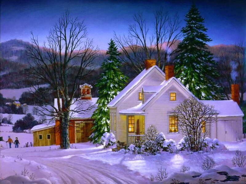 White House in Snow — Serene, Winter, Painting, Trees