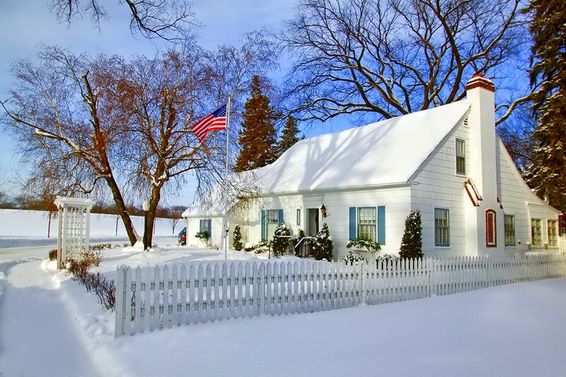 White House in Snow — Serene, Winter, Photograph, American Flag