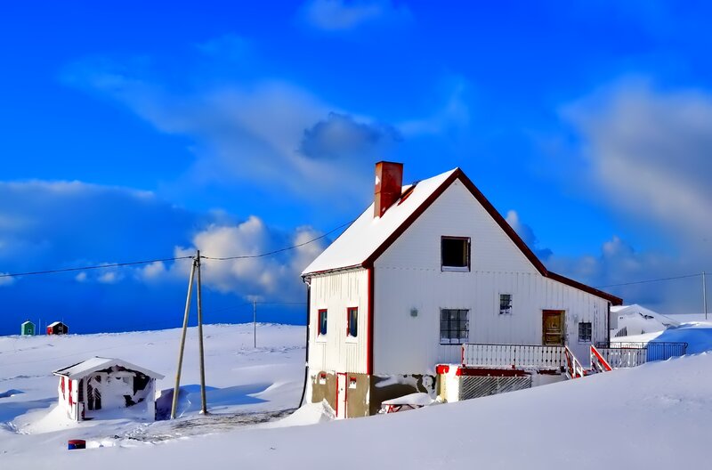 White House in Snow — Serene, Winter, Photograph, Blue Sky