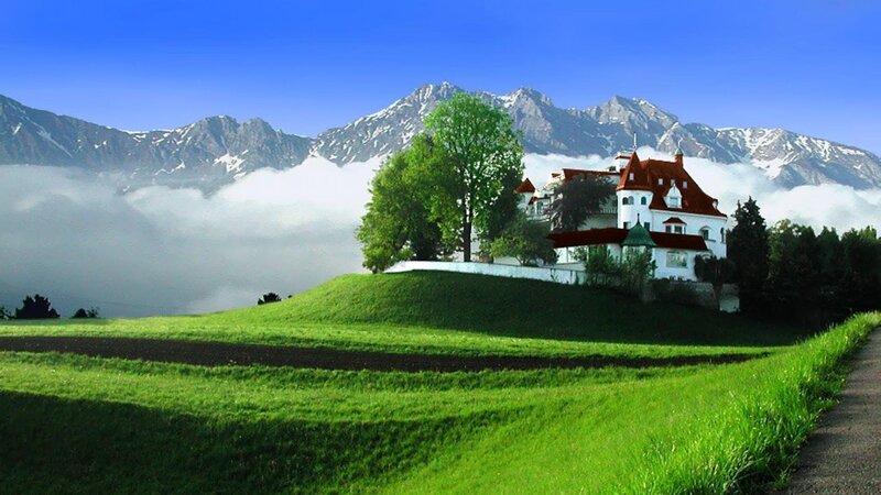 White House on Hill — Green, Serene, Morning, Photograph, Mountains, Clouds