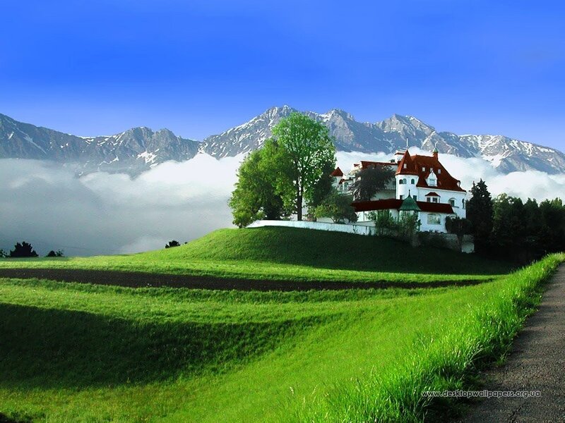 White House on Hill — Green, Serene, Morning, Photograph, Mountains, Clouds, Tree