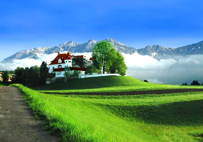 White House on Hill — Green, Serene, Morning, Photograph, Mountains
