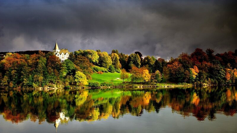 White House on Hillside — Green, Dramatic, Autumn, Photograph