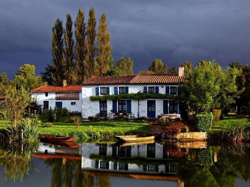 White House with Blue Shutters — Green, Dramatic