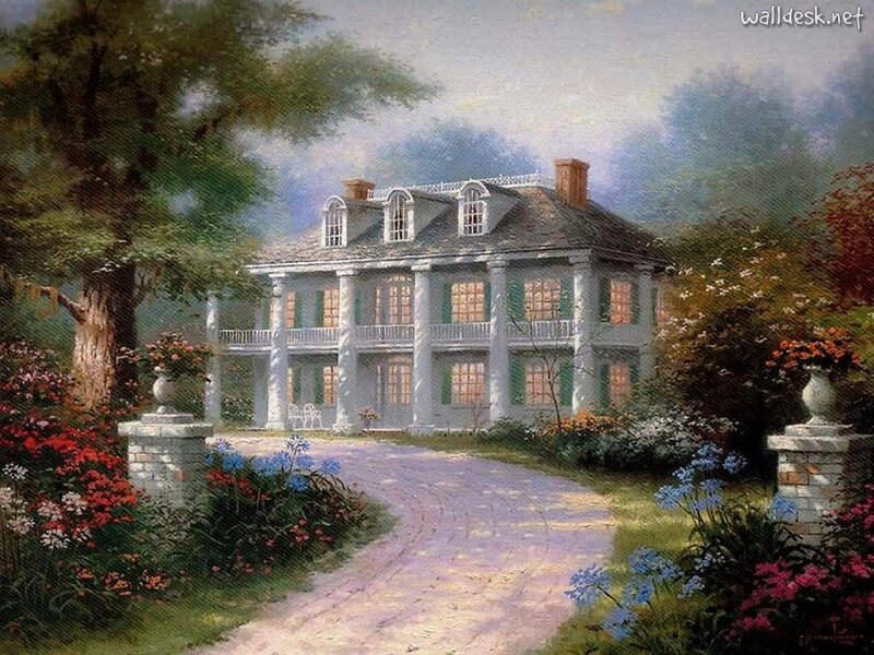 White House with Garden — Green, Serene, Afternoon, Painting