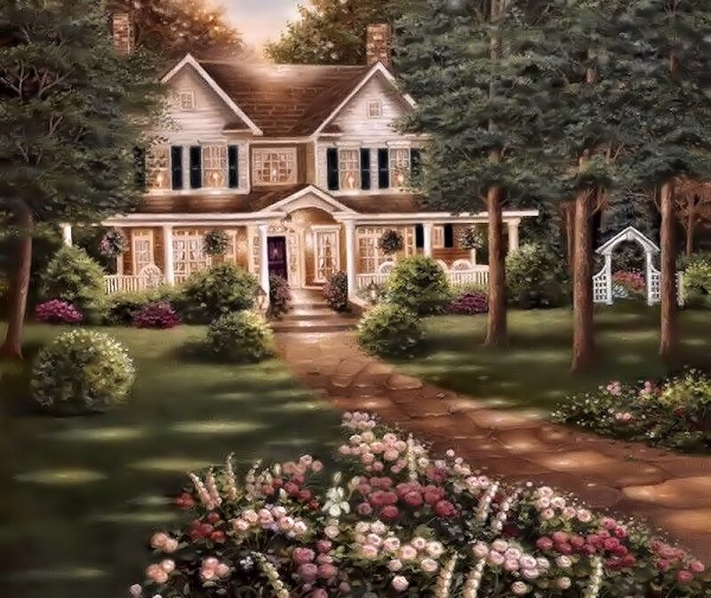 White House with Garden — Green, Serene, Sunset, Painting