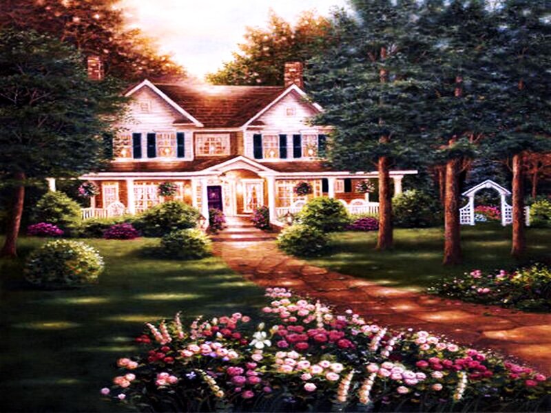 White House with Garden — Green, Serene, Sunset