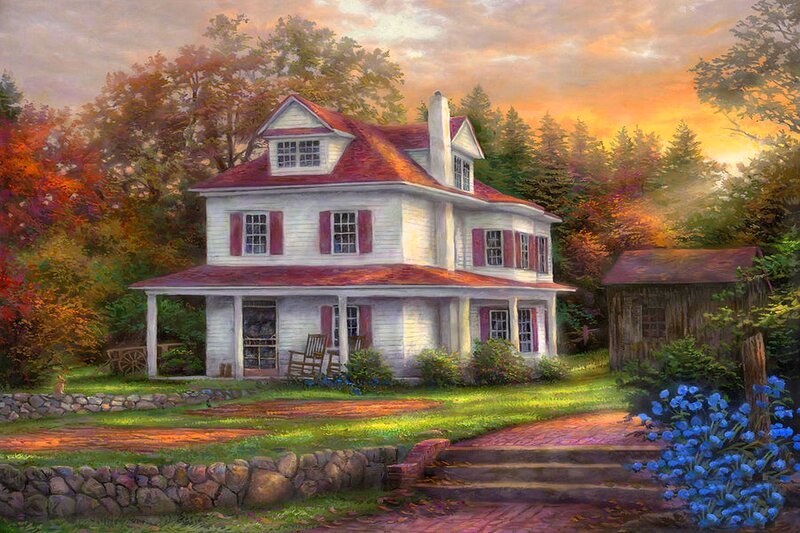 White House with Red Roof — Serene, Sunset, Painting