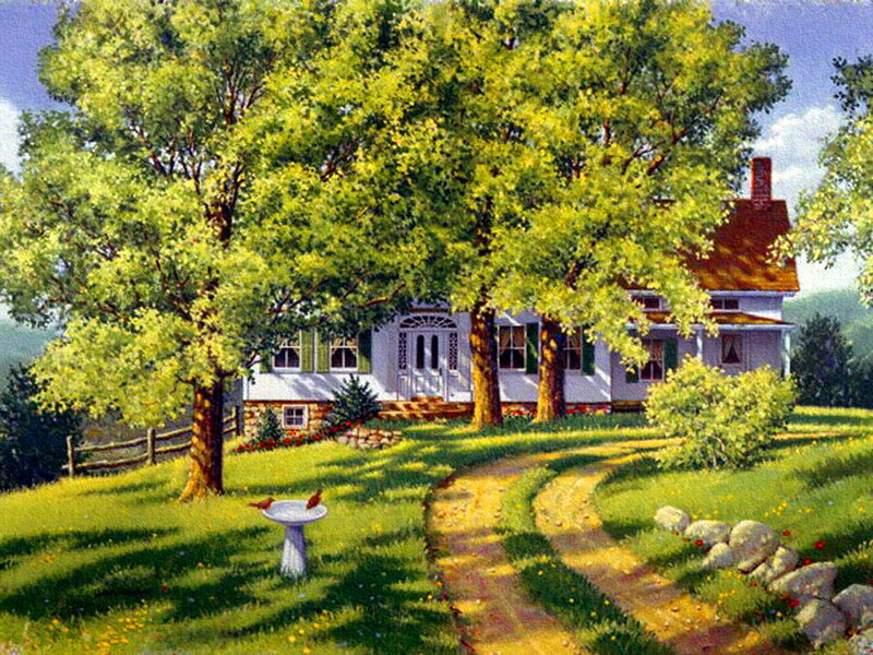 White House with Trees — Green, Serene