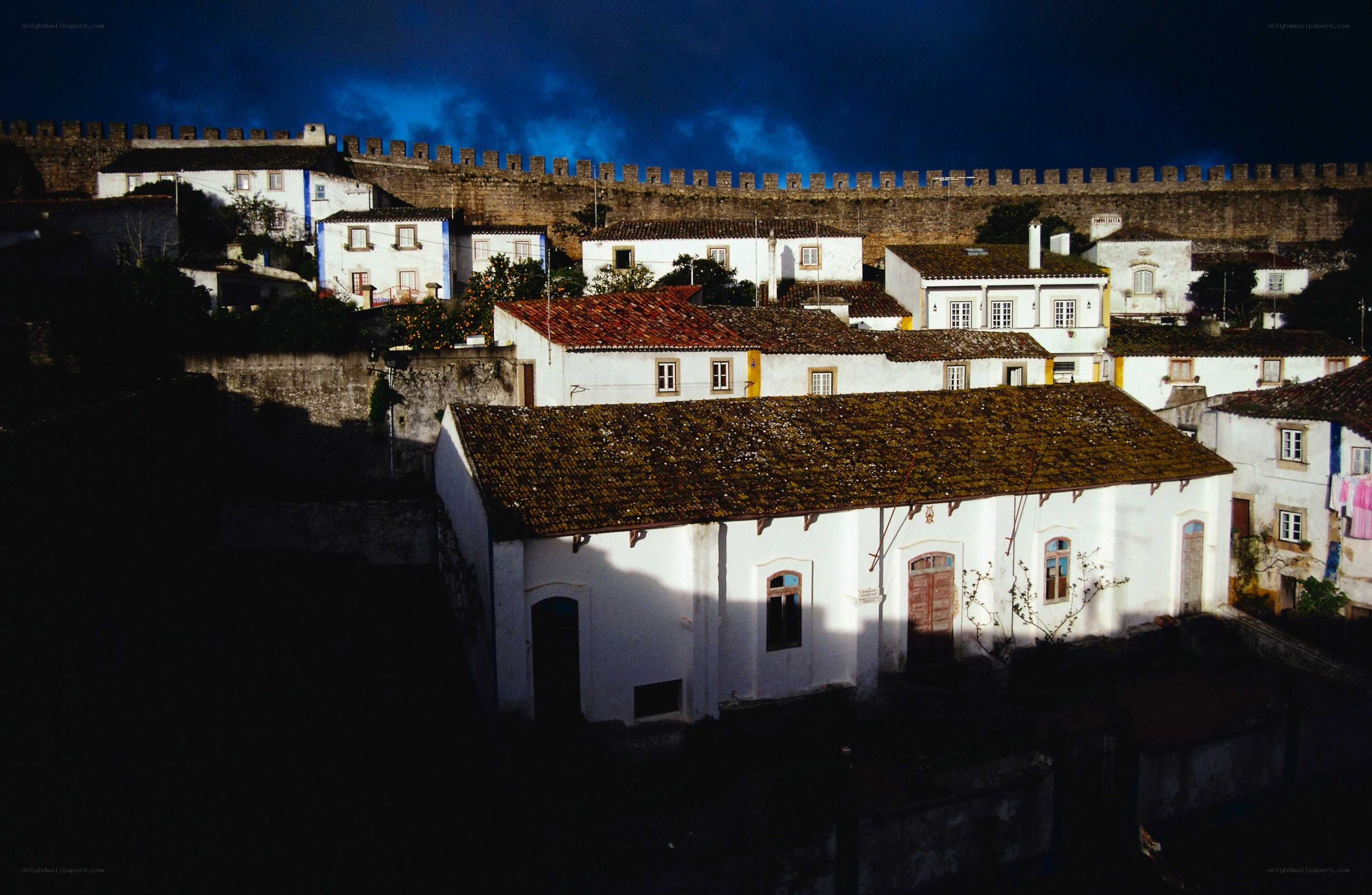 White houses under a blue sky