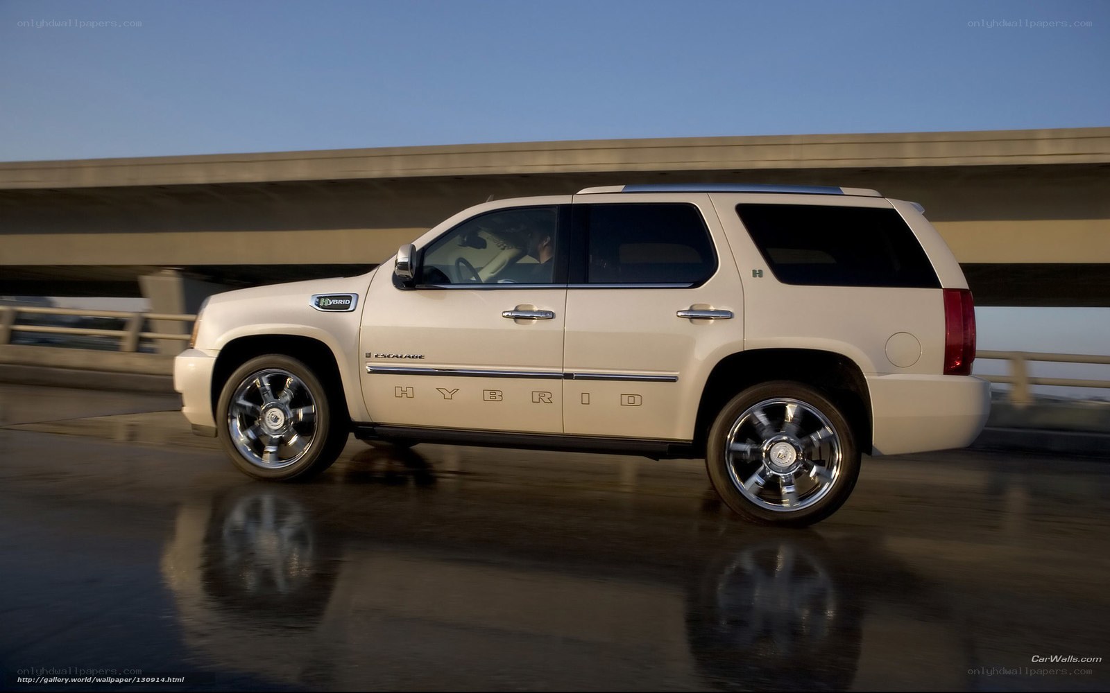 White hybrid SUV on a bridge