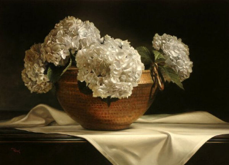 White hydrangeas in a copper bowl