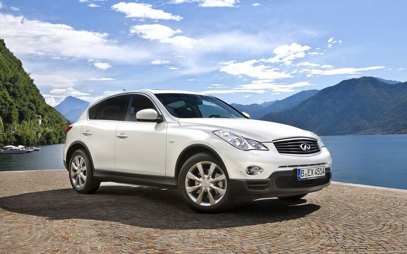 White Infiniti EX parked by a lake