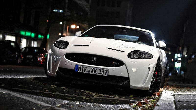 White Jaguar Sports Car — Dramatic, Night