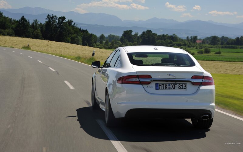 white jaguar xf on country road