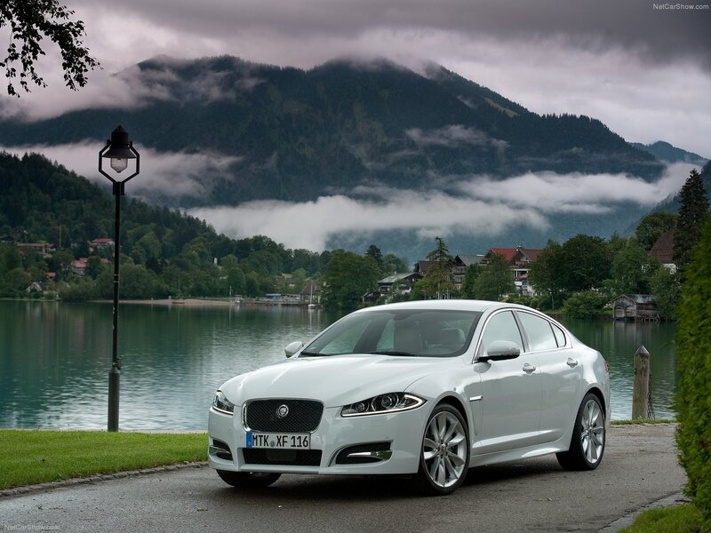 White Jaguar Xfr Sedan — Serene, Morning, Photograph, Lake