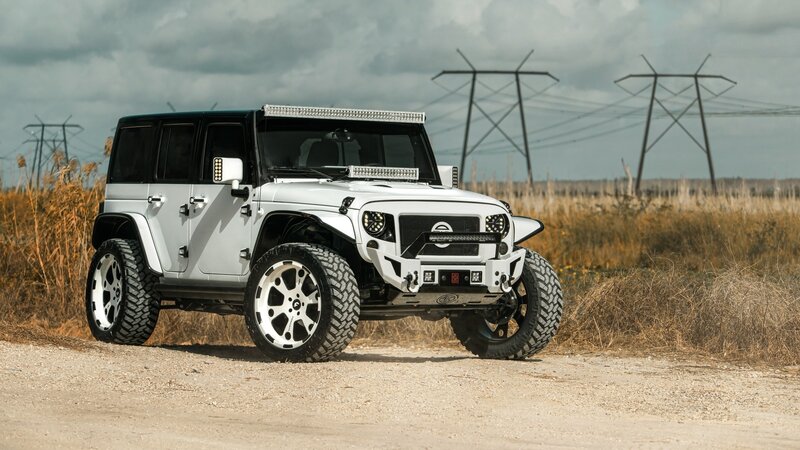 White Jeep Wrangler — Dramatic, Afternoon, Photograph, Power Lines