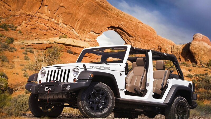 White Jeep Wrangler — Dramatic, Afternoon, Photograph, Rock Arch, Desert, Mountain