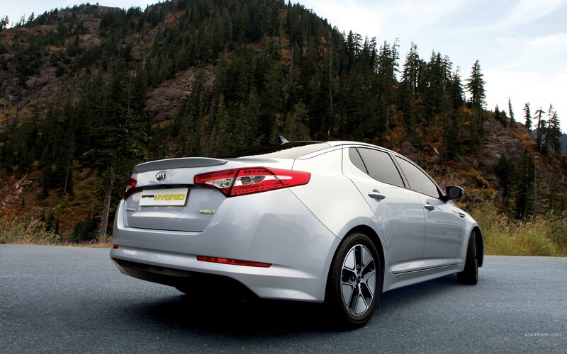 White Kia Optima Hybrid on mountain road