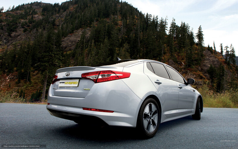 White Kia Optima Hybrid on mountain road