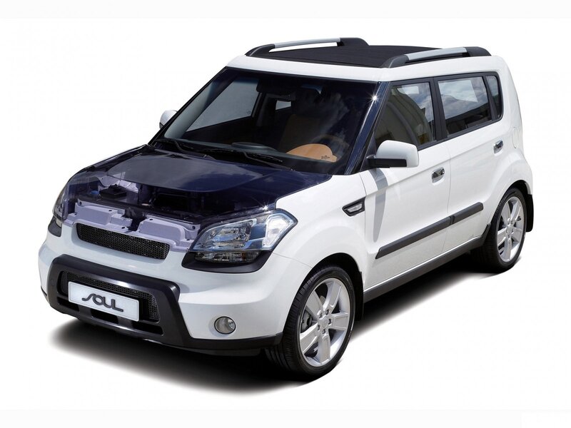 White Kia Soul with open hood