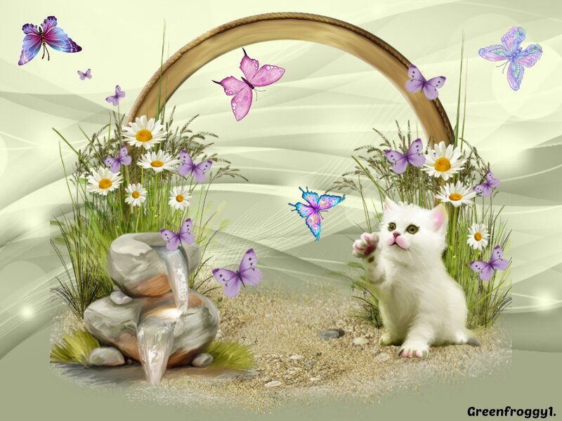 White Kitten in Garden — Serene, Digital Art