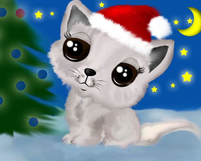 White Kitten in Santa Hat — Blue