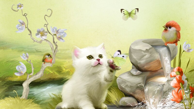 White Kitten Playing — Green