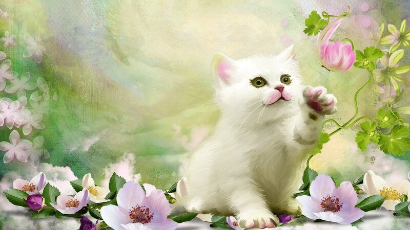 White Kitten Playing — Playful, Spring, Digital Art