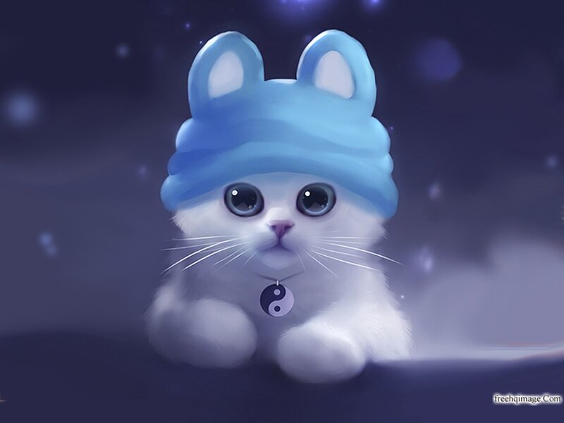 White Kitten Wearing Hat — Blue, Serene