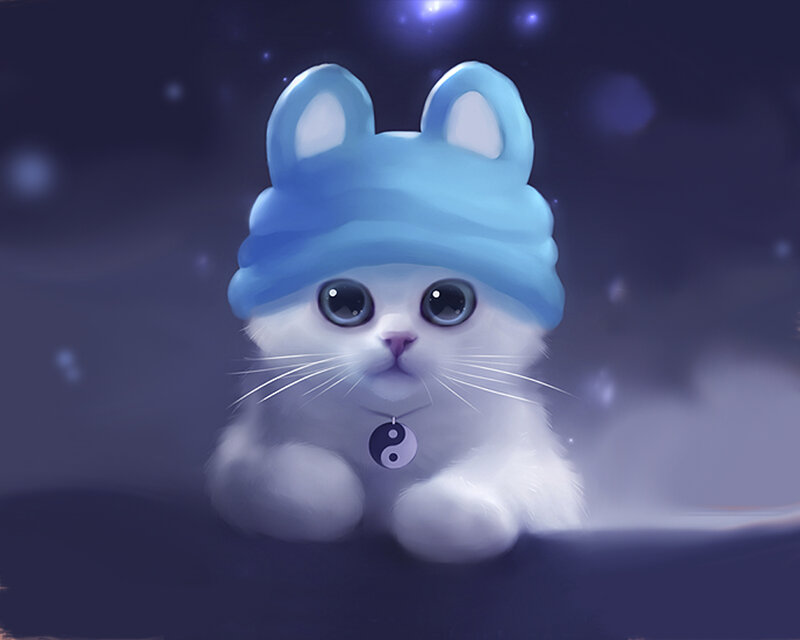 White Kitten Wearing Hat — Blue