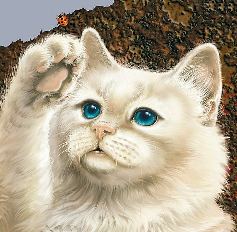 White Kitten with Blue Eyes — Curious, Digital Art