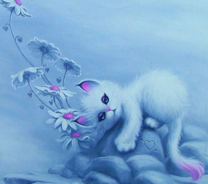 White Kitten with Flowers — Blue, Serene